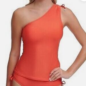 Dkny One Shoulder Tankini Top Swimsuit Orange Coral Size Small NWT bikini